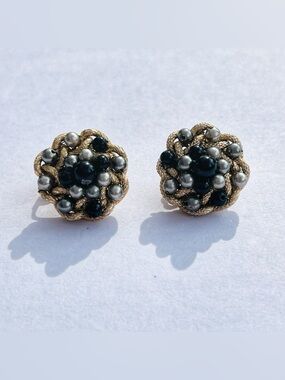 Japan | Black & Silver Beaded Cluster Clip On Earrings | Vintage Gold Tone